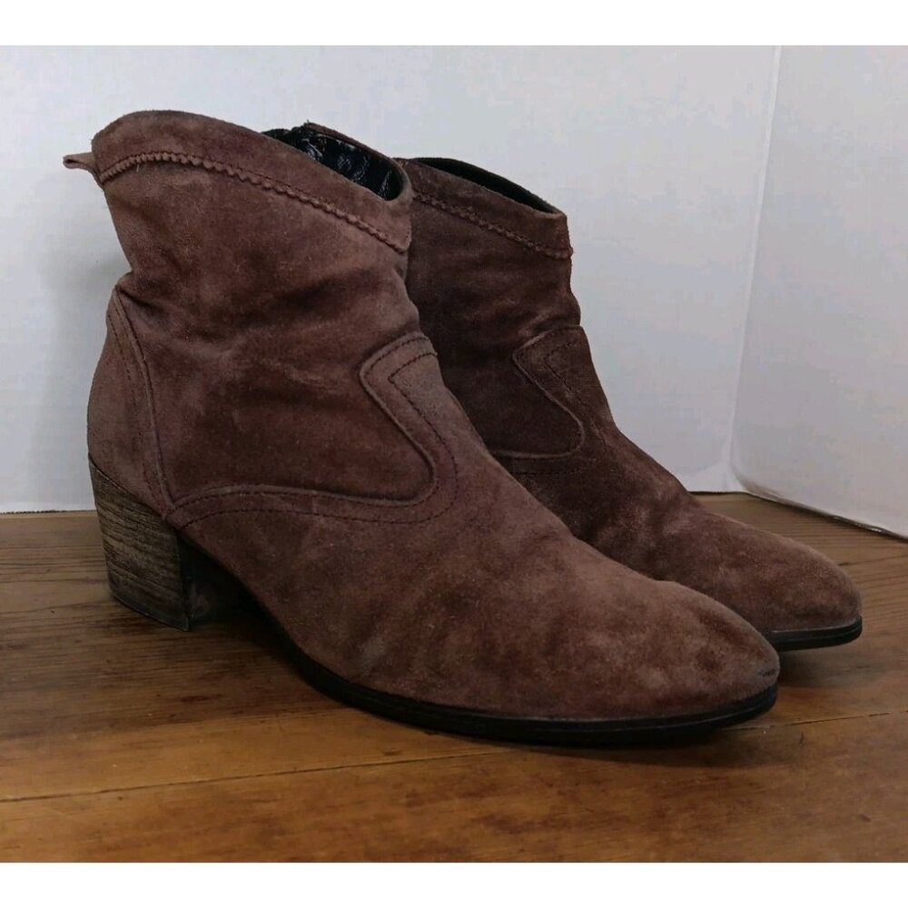 Taos Western Suede Leather Ankle Boot Womens 40 US 6 6.5 Brown Heeled Side Zip
